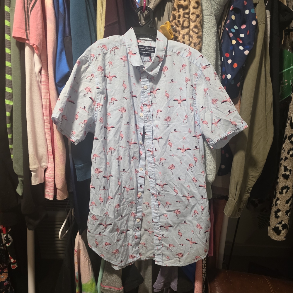 Denim & Flower Light Blue Flamingo Print Shirt
